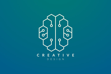 Design abstract brain shape logo with technology style. Simple and modern vector design for business brand in the field of digital technology, network, internet, media, data, electronic, software.