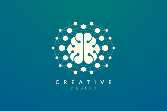 Design abstract brain shape logo with technology style. Simple and modern vector design for business brand in the field of digital technology, network, internet, media, data, electronic, software.