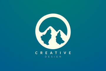 Logo design that combines circle objects with mountains. Minimalist and modern vector design for your business brand or product.