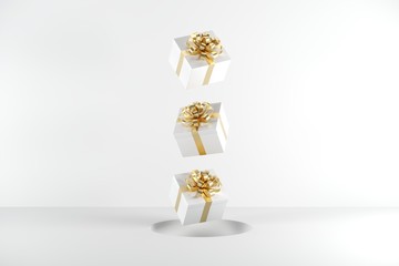 White Gift box with Golden Ribbon color floating on White background. minimal christmas newyear concept. 3D Render.