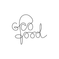 Eco food emblem or logo design, continuous line drawing, hand drawn lettering, modern calligraphy, one single line on a white background, isolated vector illustration