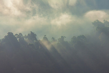 Mountain and morning mist and beautiful shadows in the Cheow Lan dam Khao Sok National Park, Thailand