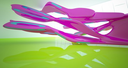 Abstract smooth architectural white interior and glossy color gradient sculpture with large windows. 3D illustration and rendering.