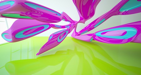 Abstract smooth architectural white interior and glossy color gradient sculpture with large windows. 3D illustration and rendering.