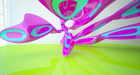 Abstract smooth architectural white interior and glossy color gradient sculpture with large windows. 3D illustration and rendering.