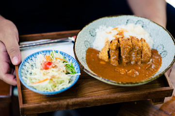 Curry rice with Japanese style salad Is a delicious lunch hand
