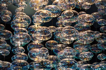 Close-up bubble chandelier ceiling light with selective focus.