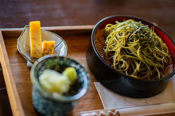 Top Soba Cold Foods in Japan With cold soba noodles, sweet egg, broth and wasabi