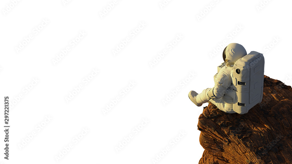 Canvas Prints astronaut on planet mars sitting on a cliff, isolated on white background