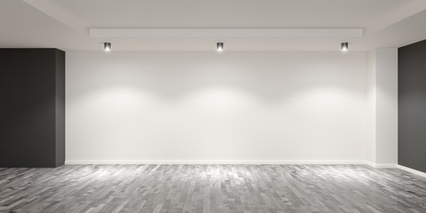 Empty white room with wooden floor and gray colored accent walls with spotlights on the back wall - gallery, product or modern interior template, 3D illustration - obrazy, fototapety, plakaty