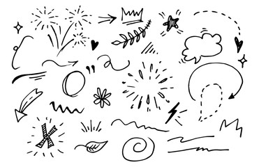 Vector hand drawn collection of design element. curly swishes, swoops, swirl, arrow, heart, love, crown, flower, star, firework, highlight text and emphasis element. use for concept design - obrazy, fototapety, plakaty