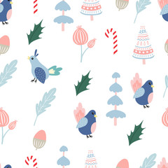 Cute winter background with bird,tree.Vector illustration seamless pattern for background,wallpaper,frabic.Editable element