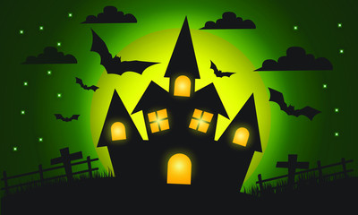 Fototapeta na wymiar Halloween house scary on green backgroun vector illustration concept.