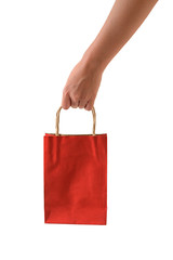 Female hand holding red papaer shopping bags