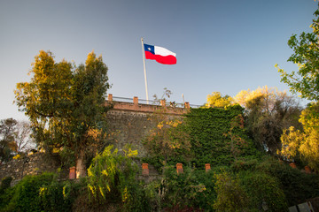 Chilean Flag Waving On top of Santa Lucia Hill In Santiago Chile