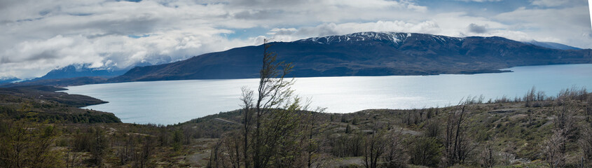 Panorama of Lake Pehoe in Torres Del Paine National Park in Patagonia Chile