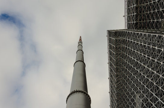 Lightning rod in the stadium.Metal tower for catching lightning.