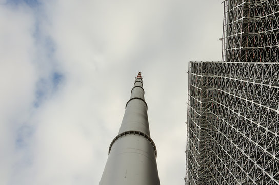Lightning rod in the stadium.Metal tower for catching lightning.