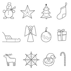 New year and Christmas flat linear icons on white background