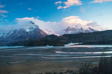 Breathtaking Sunrise over Torres Del Paine Mountain Range and Glacier Grey in Patagonia Chile