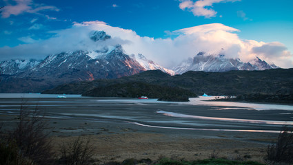 Breathtaking Sunrise over Torres Del Paine Mountain Range and Glacier Grey in Patagonia Chile