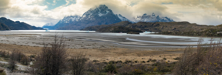 Breathtaking Sunrise over Torres Del Paine Mountain Range and Glacier Grey in Patagonia Chile