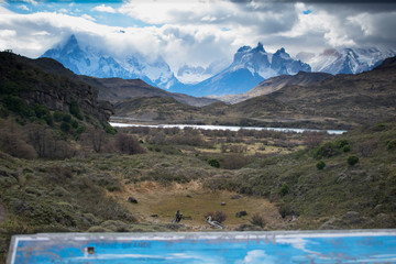 Hiking map with Torres Del Paine Mountain Range in the Background in Patagonia Chile