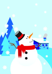 snowman in front of pine tree christmas greeting card vector design
