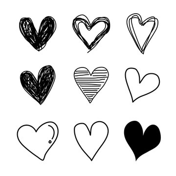 Set Vector Hand drawn hearts black.  Scribble hearts isolated on white background. Design elements for your graphic design.