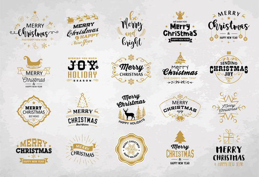 Merry Christmas and Happy New Year decoration set of typography, hand drawn, tags, logos, emblems design for invitation, greeting card, banner, label, gift.