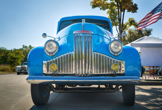  Front view of a light blue color vintage Studebaker pickup truck classic car on October 19, 2019 in Westlake Texas.