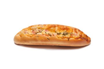 One cheese buns with sausage on a white background