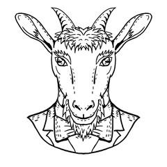 Goat Wearing Tuxedo and Tie Portrait Cartoon Retro Drawing