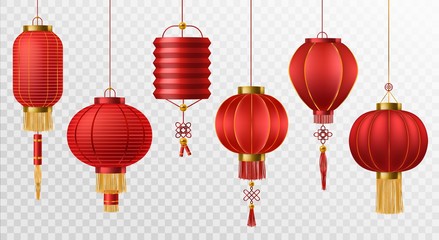 Chinese lanterns. Japanese asian new year red lamps festival 3d chinatown traditional realistic element vector set - obrazy, fototapety, plakaty