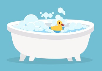 White bathtub. Cartoon clean cute hot bath with bubble and toys for indoor home spa relaxation isolated vector illustration - obrazy, fototapety, plakaty