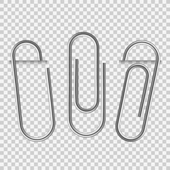 Paperclip on paper. Silver notepapers fix clip appliance and holders blank sheets vector isolated set