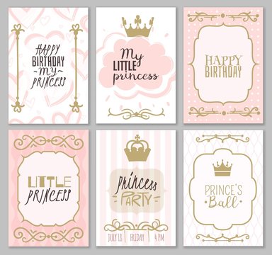 Princess borders. Cute girl party invitation shower or sweet frames for elegant decor of card vector templates