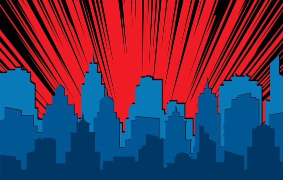 Comic cityscape. Retro urban silhouette of city buildings for art book comics with light effects vector scene background