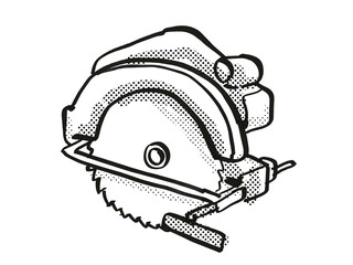 Circular Saw Power Tool Equipment Cartoon Retro Drawing