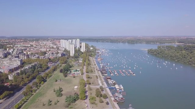 Fantastic 4k aerial panorama of Zemun kej and Danube river in summer day Belgrade