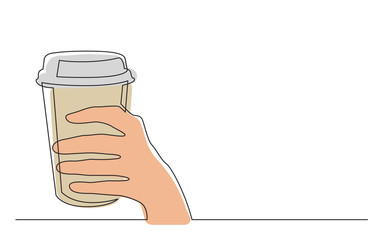 continuous line drawing of hand holding cup of coffee with lid