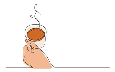 Fototapeta premium continuous line drawing of hand holding cup of hot coffee