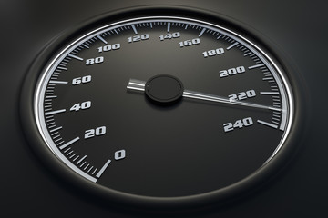 White speedometer in car on dashboard. 3D rendered illustration.