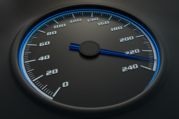 Blue speedometer in car on dashboard. 3D rendered illustration.
