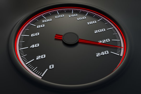 Red speedometer in car on dashboard. 3D rendered illustration.