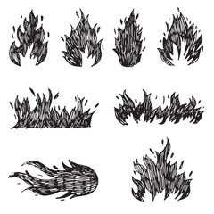 Set of hand drawn fire and fireball .Doodle Sketch Fire. vector illustration.