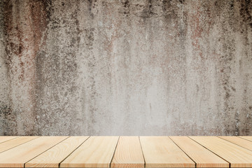 empty room with wooden floor perspective and old cement wall background
