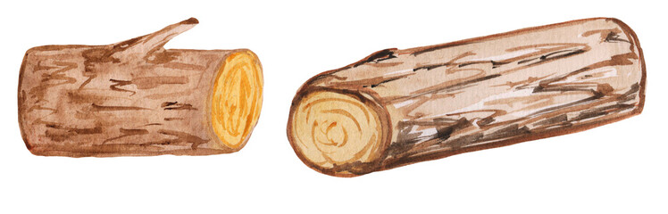 brown round logs on a white background. small round firewood watercolor illustration for prints, design and posters