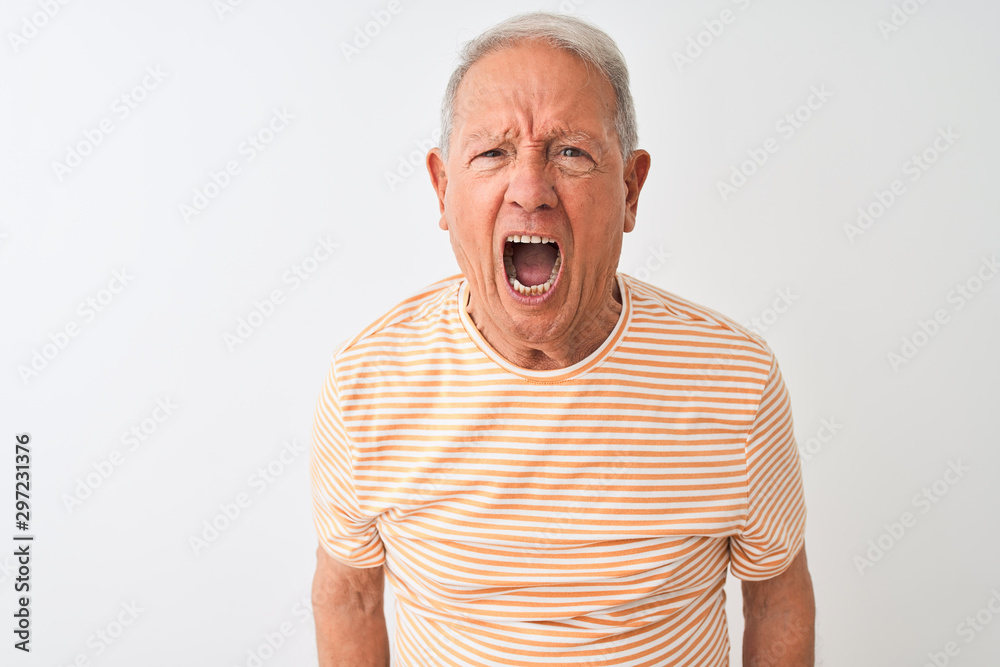 Poster senior grey-haired man wearing striped t-shirt standing over isolated white background angry and mad