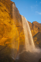 Waterfall Seljalandsfoss (part of Seljalands river taking its origin in Eyjafjallajökull volcano glacier) in southern Iceland, captured during sunset hour with a rainbow
